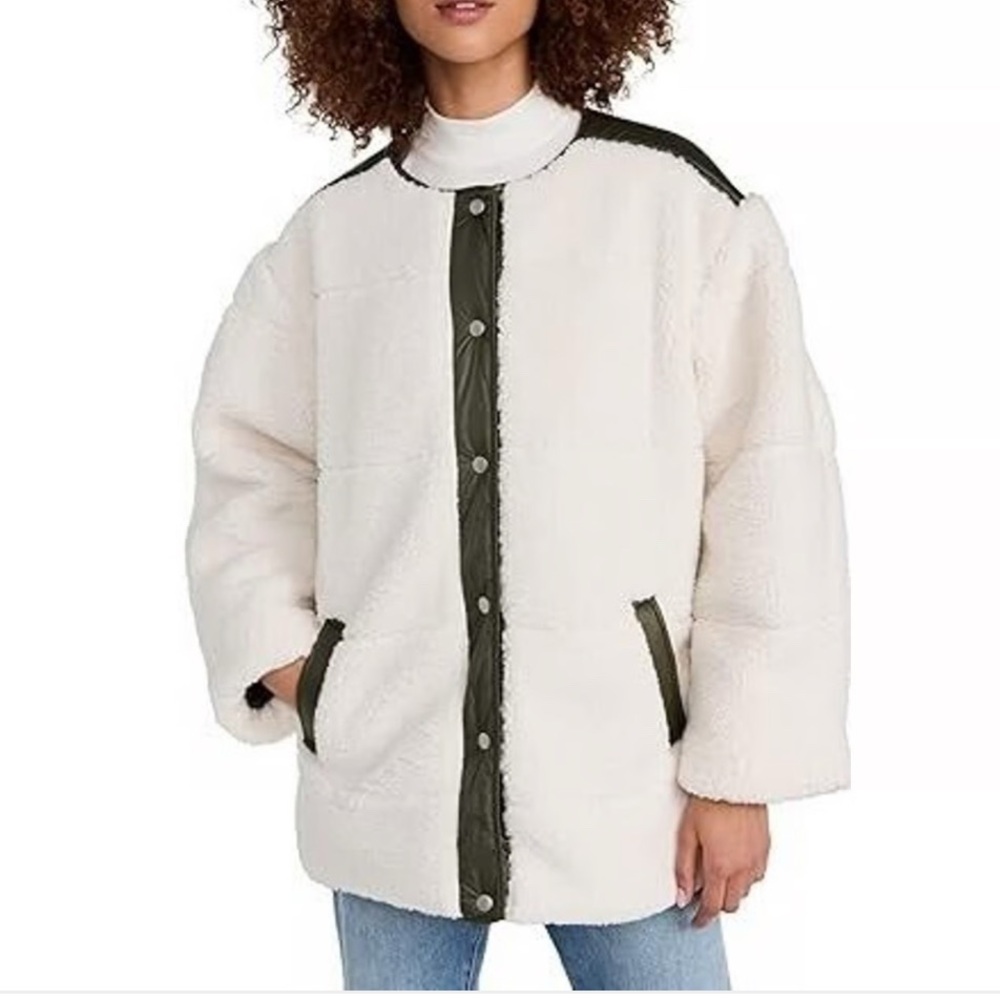 FRAME Womens Oversized Army Teddy Coat, Cream and Green Quilted Sherpa, Size: S